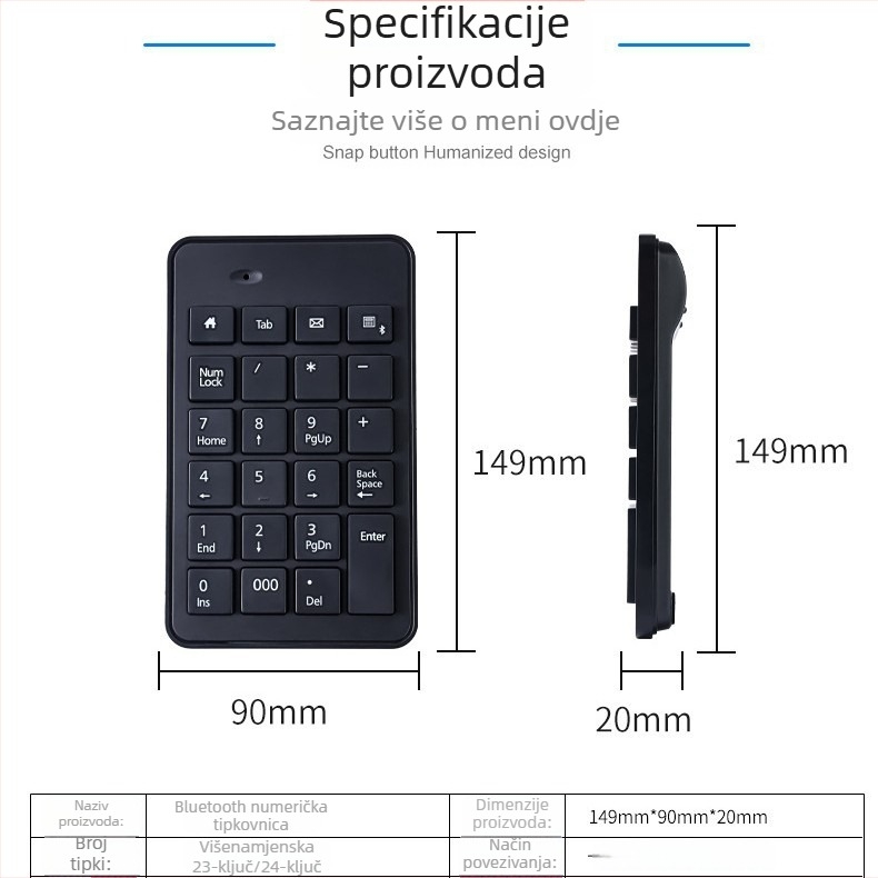 Numerička tipkovnica s 23 tipke, bežični 2.4G s ugrađenim USB prijemnikom, model K-23g, optičko razlučenje 5600