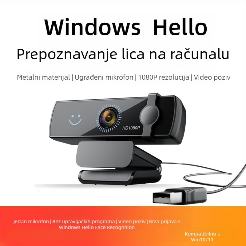 Elebest CW100 USB HD web kamera s Windows Hello prepoznavanjem lica, 2MP senzor, 1080p60 video, USB 2.0, ugrađeni mikrofon, bez upravljačkog programa, plug‑and‑play