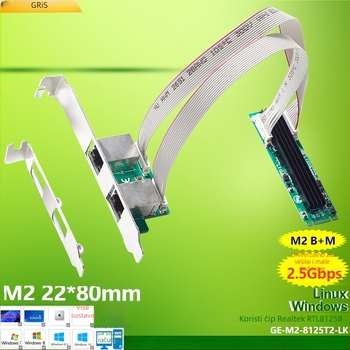 GRIS M.2 dvopportna mrežna kartica, RJ-45, 10/100/1000 Mbps, M-B Key, Fast Ethernet