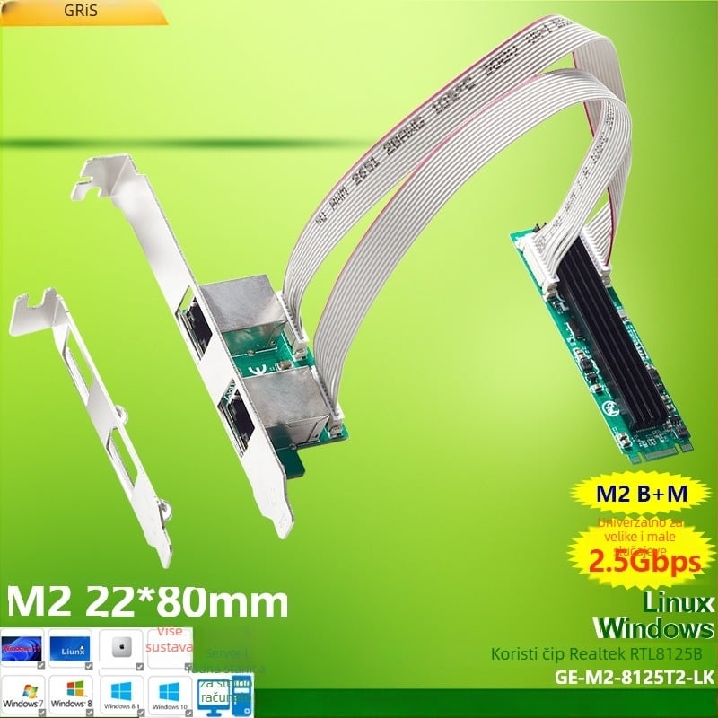 GRIS M.2 dvopportna mrežna kartica, RJ-45, 10/100/1000 Mbps, M-B Key, Fast Ethernet