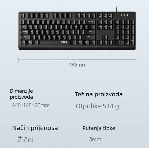 Rapoo NK1500 žična tipkovnica s laser graviranim tipkama, otporna na prskanje, 98+ tipki, USB priključak