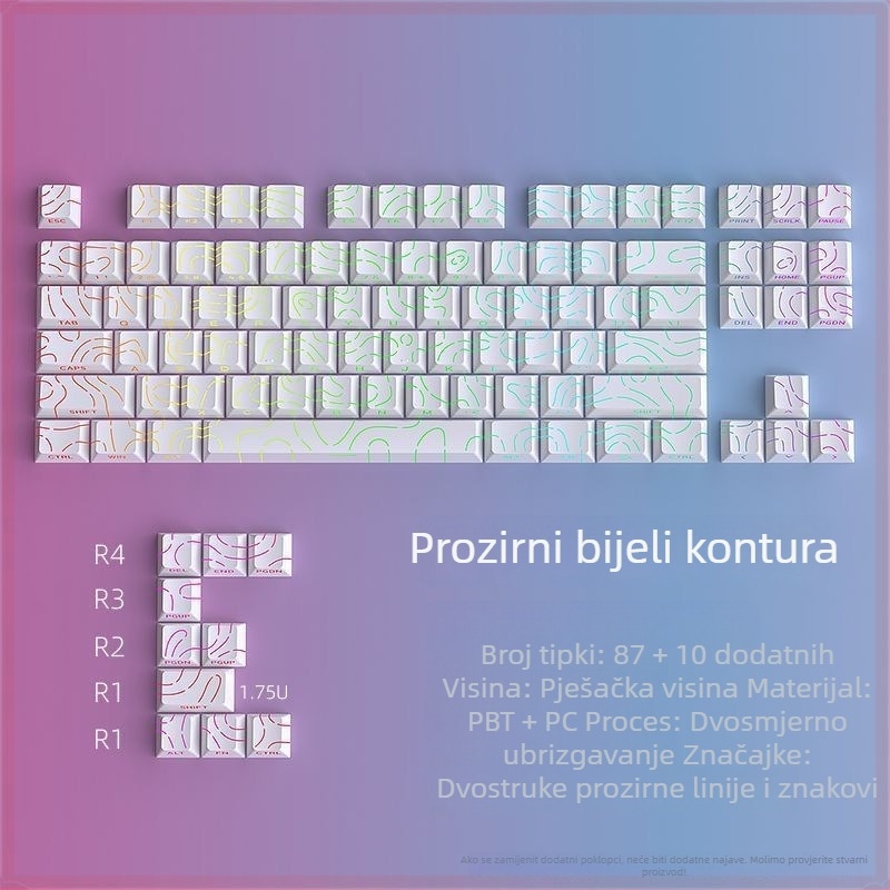Konturno bočno gravirana prozirna kapica tipkovnice, PBT materijal, petostruki sublimacijski proces, 87 tipki