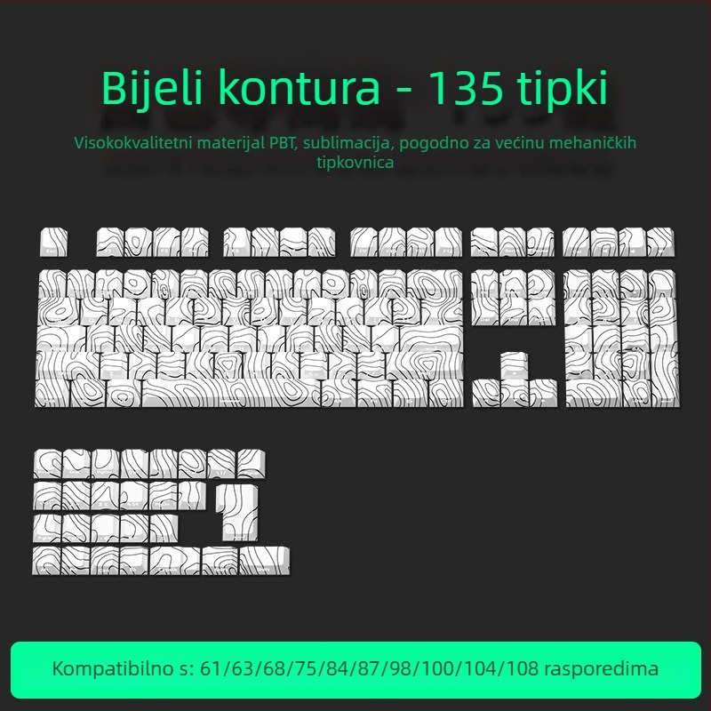 Visokoprofilne PBT kapice tipki, petostruka sublimacija, prozirno tijelo sa bočnim natpisima, kompatibilne s 61/68/87/104 tipki