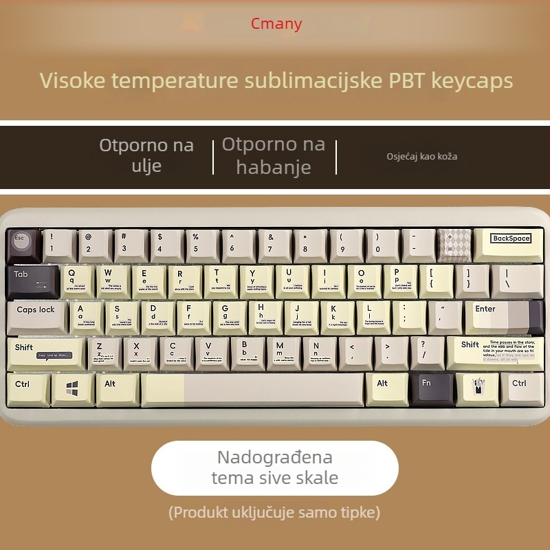 1,7 mm debeli PBT Sublimacijska siva tema set tipki, 134 tipke, za rasporede 61/64/68/87/98/104, tipke koje blokiraju svjetlo, RGB pozadinsko osvjetljenje