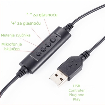 USB žični headset s mikrofonom za računalo, ENC uklanjanje buke, impedancija 32 Ω, frekvencijski odziv 1000 Hz, kabel 2 m