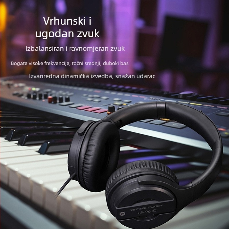 Žičane DJ slušalice za monitoring s preklopnim i rotirajućim ušnim jastučićima, prikladne za električni klavir, elektroničku klaviaturu i gitaru – 50 mm zvučnici, impedancija 32 Ω, frekvencijski raspon 20 Hz–20 kHz, osjetljivost 103 dB, 3,5 mm priključak