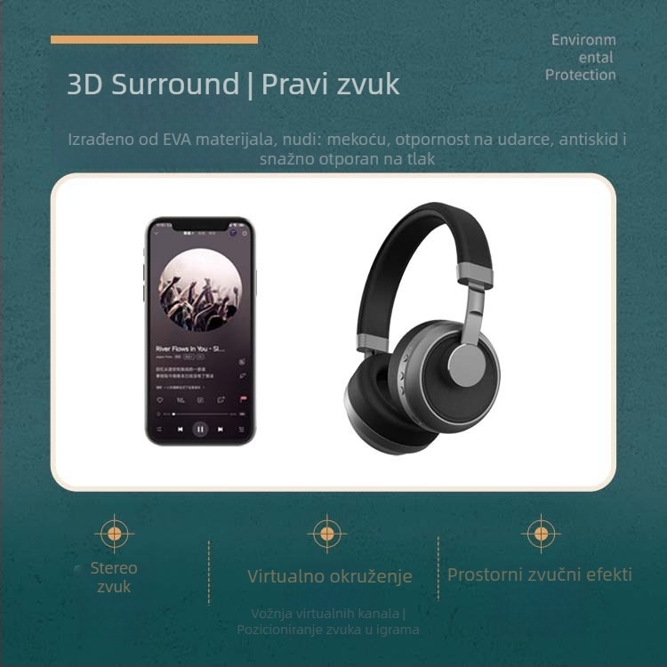 Bežični Bluetooth headset, nosiv na glavi, dvostrano stereo, Bluetooth 5.0, domet 10 m, autonomija više od 8 sati