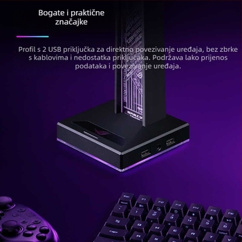 HS-01 Držač za slušalice s RGB ambijentalnim osvjetljenjem, integrirani USB hub i docking stanica za punjenje telefona, aluminijsko-silikonska konstrukcija