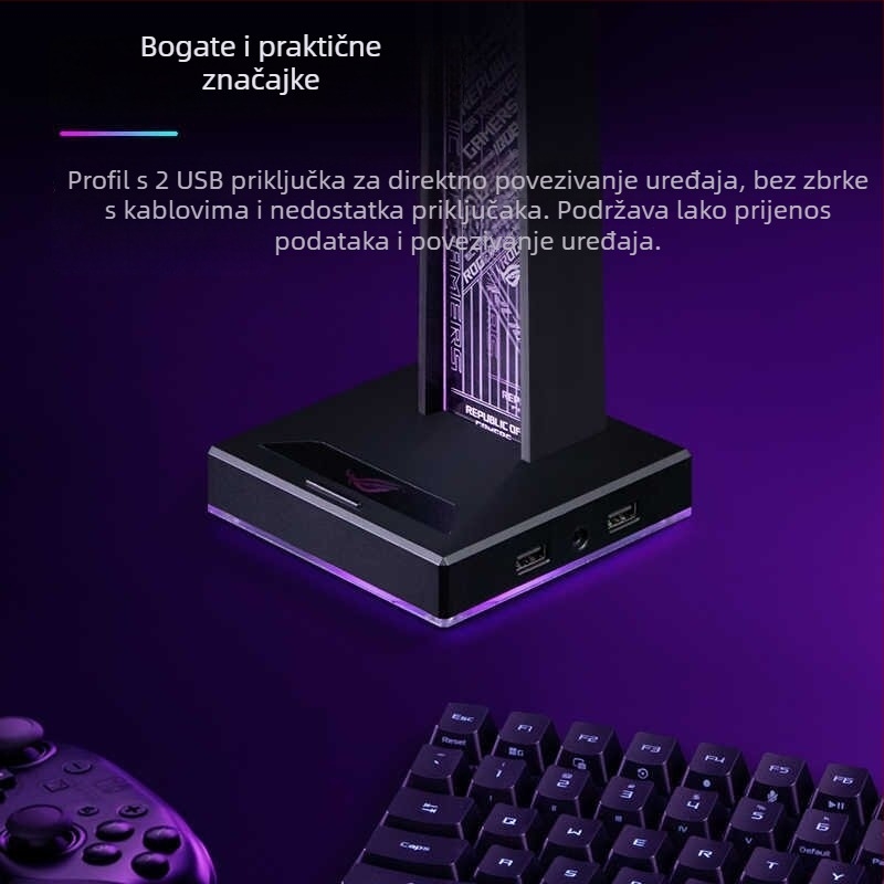 HS-01 Držač za slušalice s RGB ambijentalnim osvjetljenjem, integrirani USB hub i docking stanica za punjenje telefona, aluminijsko-silikonska konstrukcija