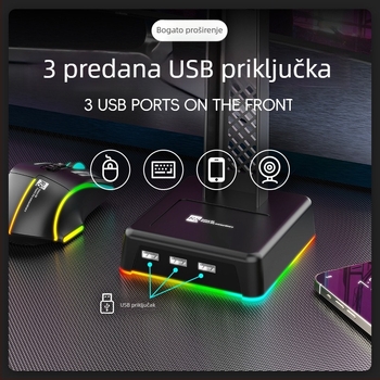 Držač za slušalice HT03 s osvijetljenom bazom, uspravni dizajn, tri USB priključka, silikon, kabel 1,5 m, garancija 1 godina