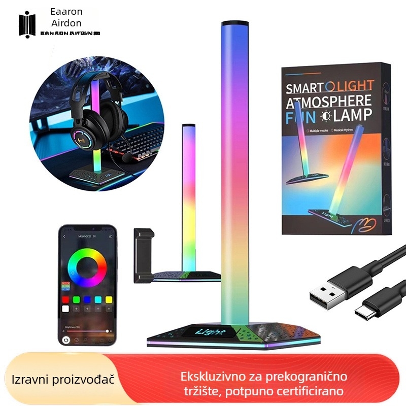 Držač za gamerske slušalice s ambijentalnim osvjetljenjem, kontrola putem Bluetooth aplikacije, svjetlo koje reagira na zvuk, USB ambijentalno osvjetljenje, kabel 2 m