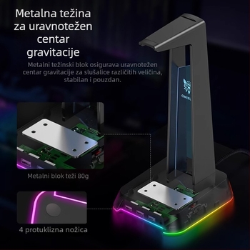 ST-2 Stalak za slušalice za stolno računalo, USB sučelje, osvijetljen, višenamjenski, 384 g