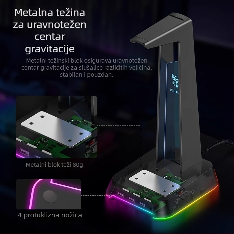 ST-2 Stalak za slušalice za stolno računalo, USB sučelje, osvijetljen, višenamjenski, 384 g
