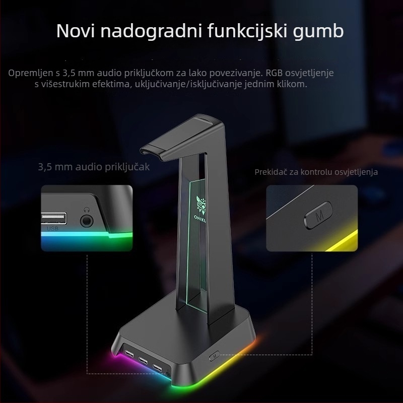 ST-2 Stalak za slušalice za stolno računalo, USB sučelje, osvijetljen, višenamjenski, 384 g