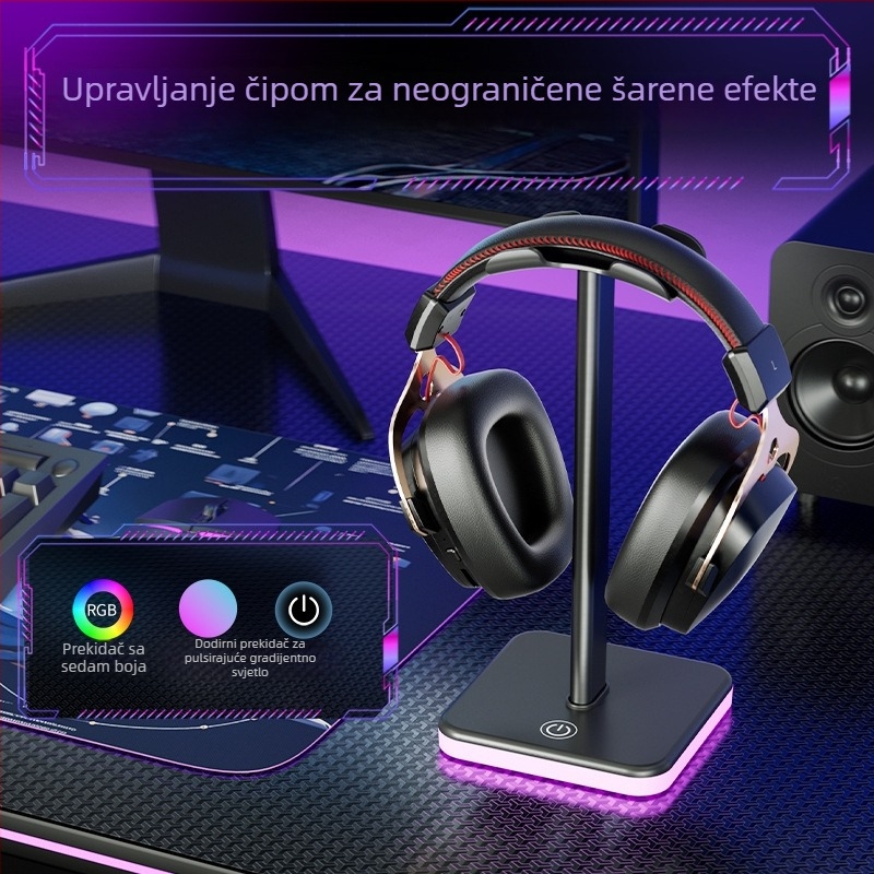 Stalak za slušalice s RGB osvjetljenjem i promjenom boje putem dodirnog kontrole, držač za slušalice i mikrofon, esports, višenamjenski.