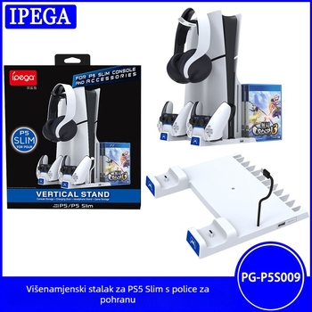 IPEGA P5 Slim Dvostruka stanica za punjenje za PS5/PS5 Slim s pretincem za slušalice i držačem diskova (ABS)