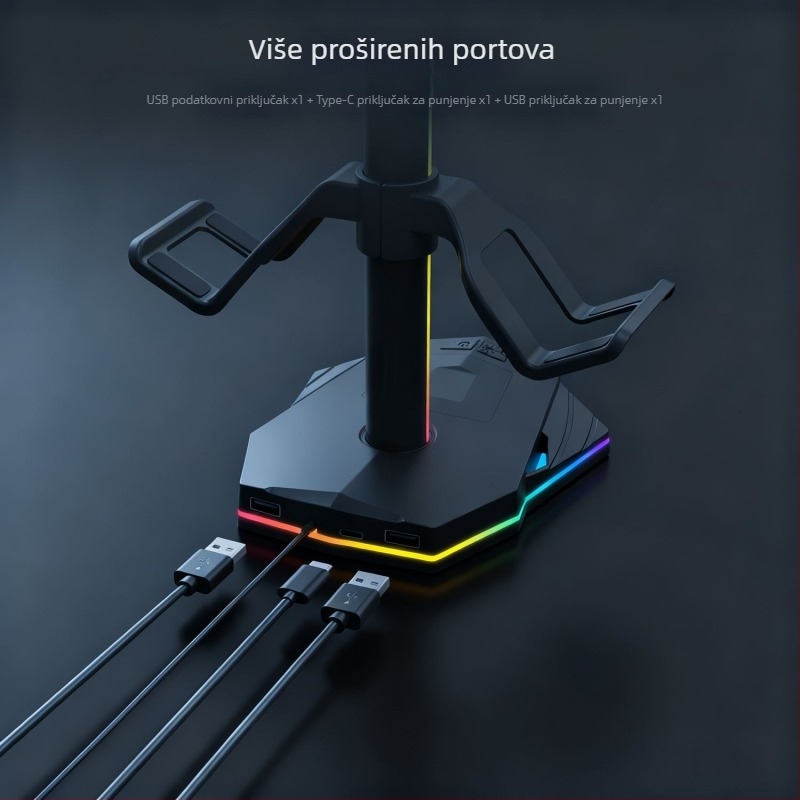 Višenamjenski držač za kontrolere i slušalice s RGB osvjetljenjem i USB proširenjem — Kompatibilan s PS5, PS4, PS3 i Switch