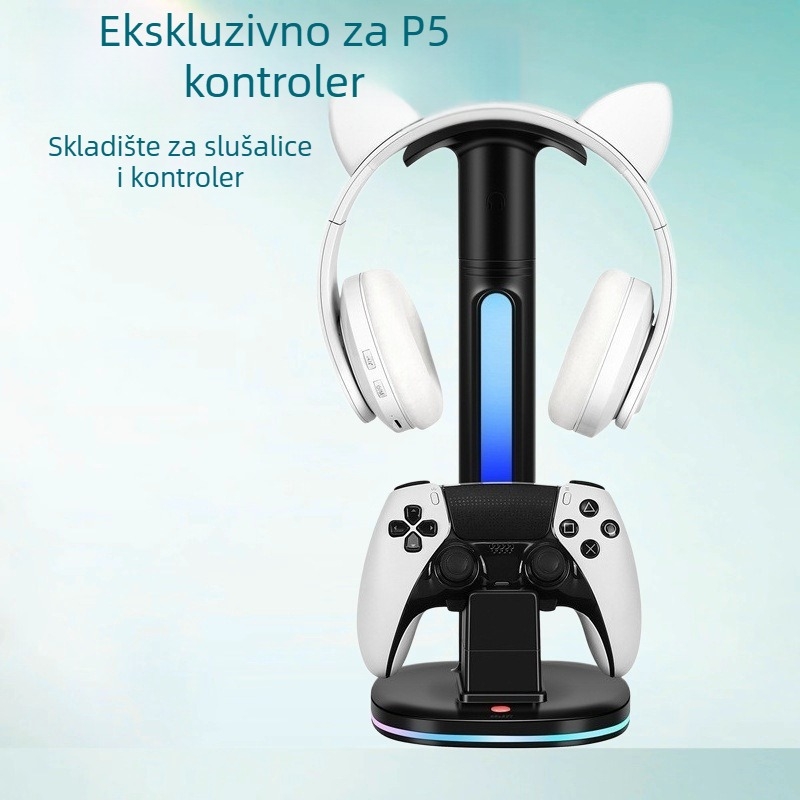 PS5 punjačka baza za kontroler s držačem za slušalice i LED rasvjetom, ABS materijal, model Sy-p5-2029