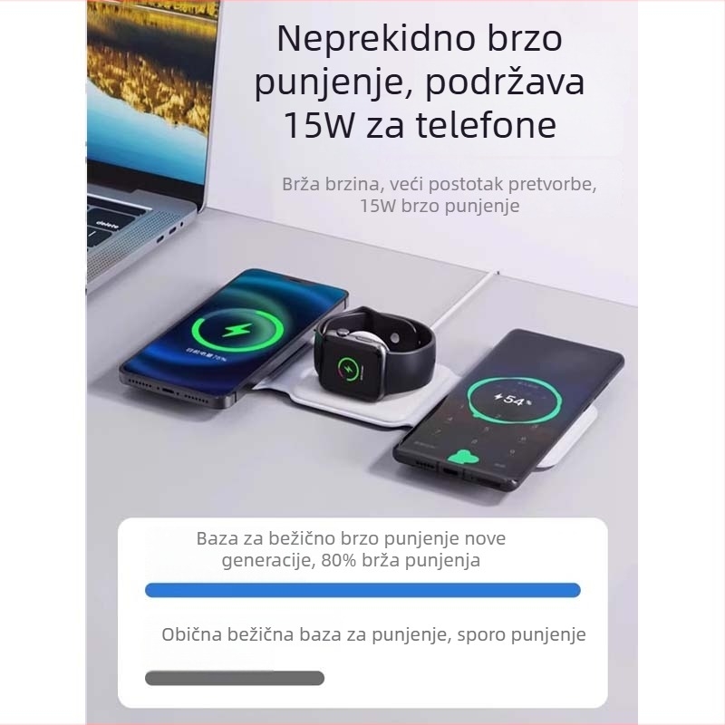 3-u-1 MagSafe bežični punjač s preklopnim dizajnom za telefon, slušalice i sat, QC3.0 brzo punjenje, maksimalan izlaz 22,5 W