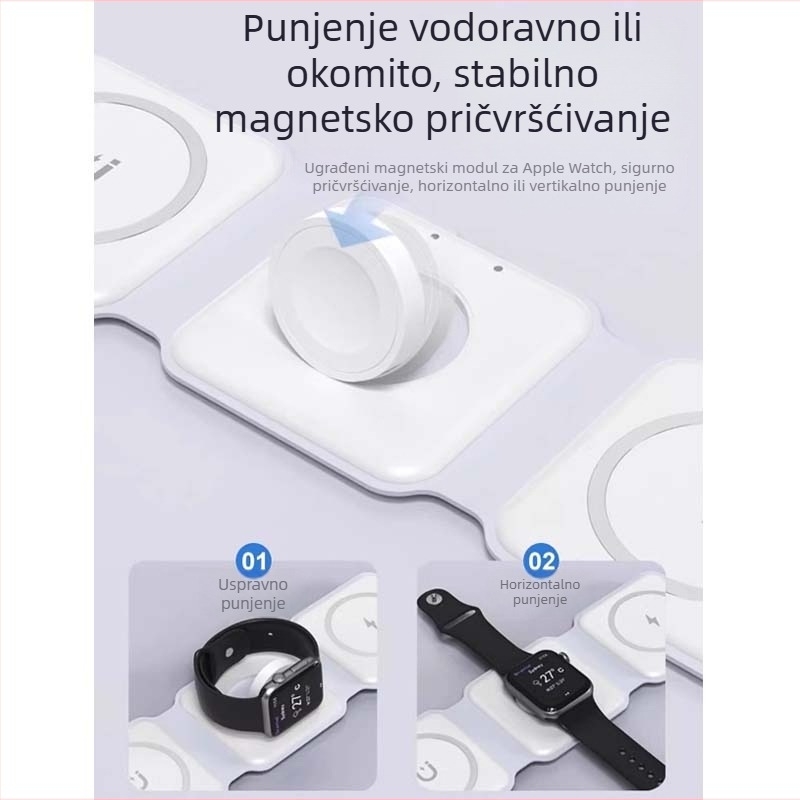 3-u-1 MagSafe bežični punjač s preklopnim dizajnom za telefon, slušalice i sat, QC3.0 brzo punjenje, maksimalan izlaz 22,5 W