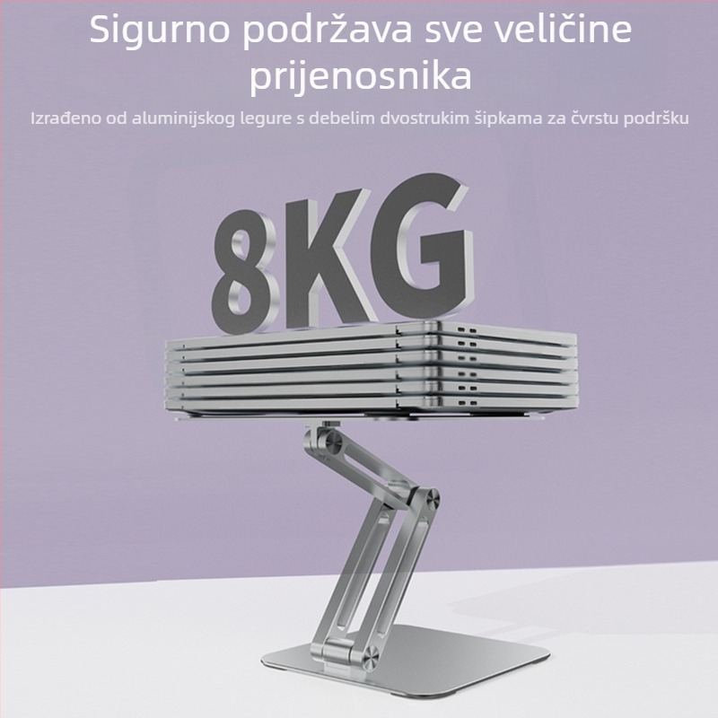 Držač za prijenosno računalo – Sklopiva konstrukcija od aluminijske zlitine i karbonskog čelika, silikonske gel podloge, podesiva visina, Model: Computer Bracket, Težina: 1,36 kg