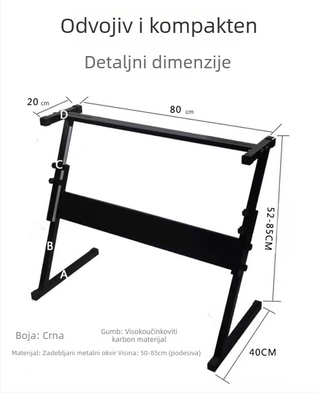 Z-tip metalni okvir za elektronički organ, okvir od kvadratnih cijevi 25 mm, univerzalno postolje