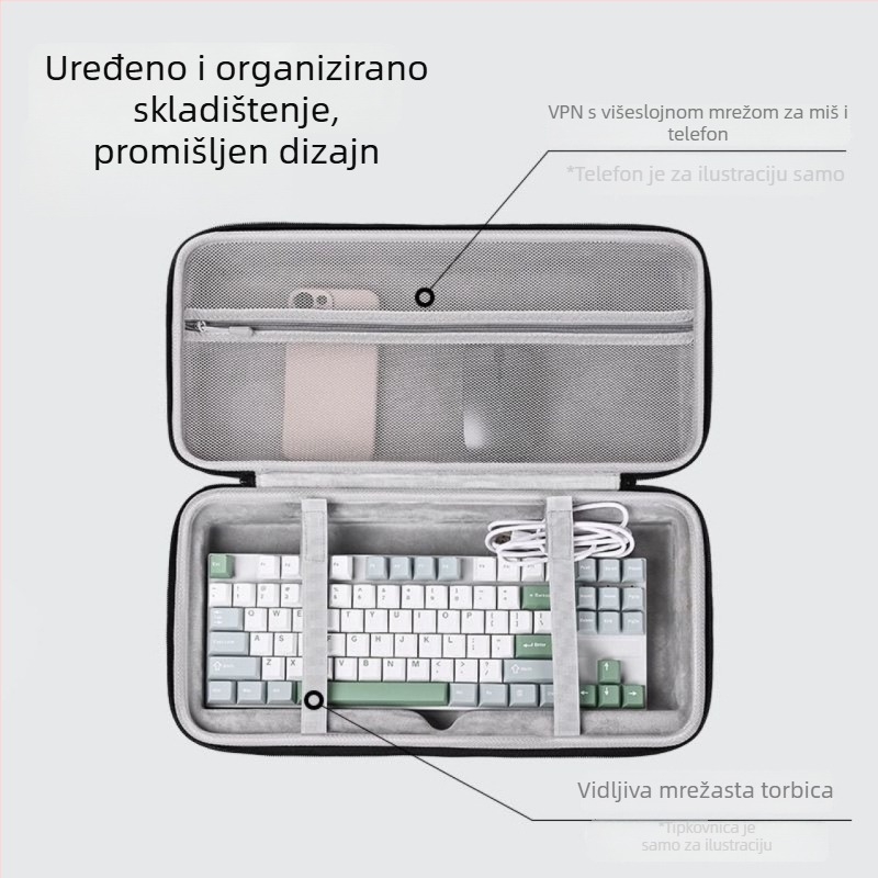 Prilagodljivi tvrdi zaštitni omot za mehaničke tipkovnice s 68/87 tipkama — zaštita od pada, višeslojna konstrukcija: EVA + Oxford platno + jastučić za ublažavanje udara + kristalni velur, reljefna završna obrada, prilagodljiv model