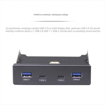 USB hub prednji panel: 19-pin/20-pin na Type-C + USB 3.0 adapter kartica, Skyworth 3510 čip, 5 Gbps, dimenzije 13.5×10×2.5 cm