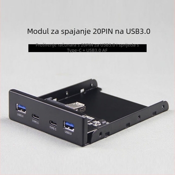USB hub prednji panel: 19-pin/20-pin na Type-C + USB 3.0 adapter kartica, Skyworth 3510 čip, 5 Gbps, dimenzije 13.5×10×2.5 cm