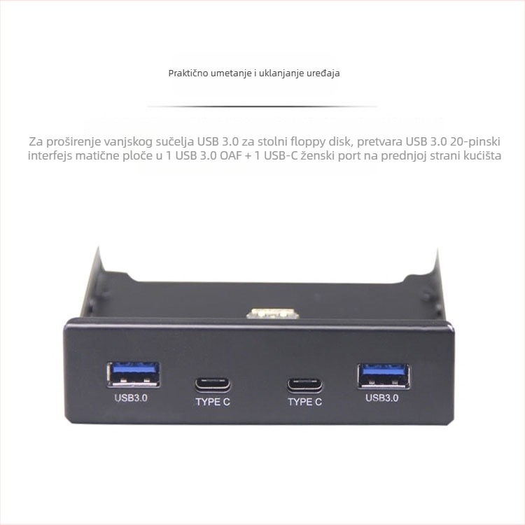 USB hub prednji panel: 19-pin/20-pin na Type-C + USB 3.0 adapter kartica, Skyworth 3510 čip, 5 Gbps, dimenzije 13.5×10×2.5 cm