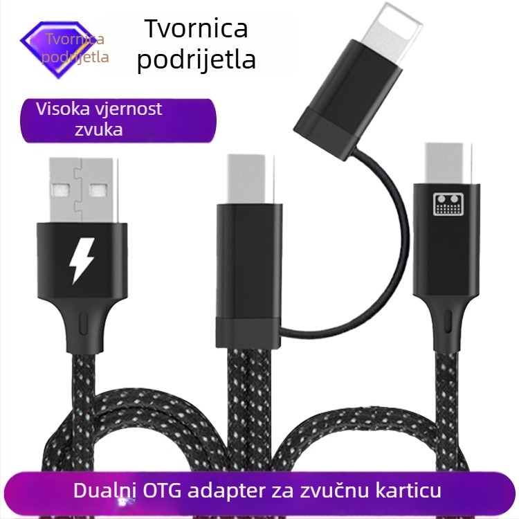 OTG adapter kabel za zvučnu kartu za prijenos uživo, dvostrani, sučelja Lightning/Type-C/USB-A, duljina 1,5 m + 1 m, OTG čip