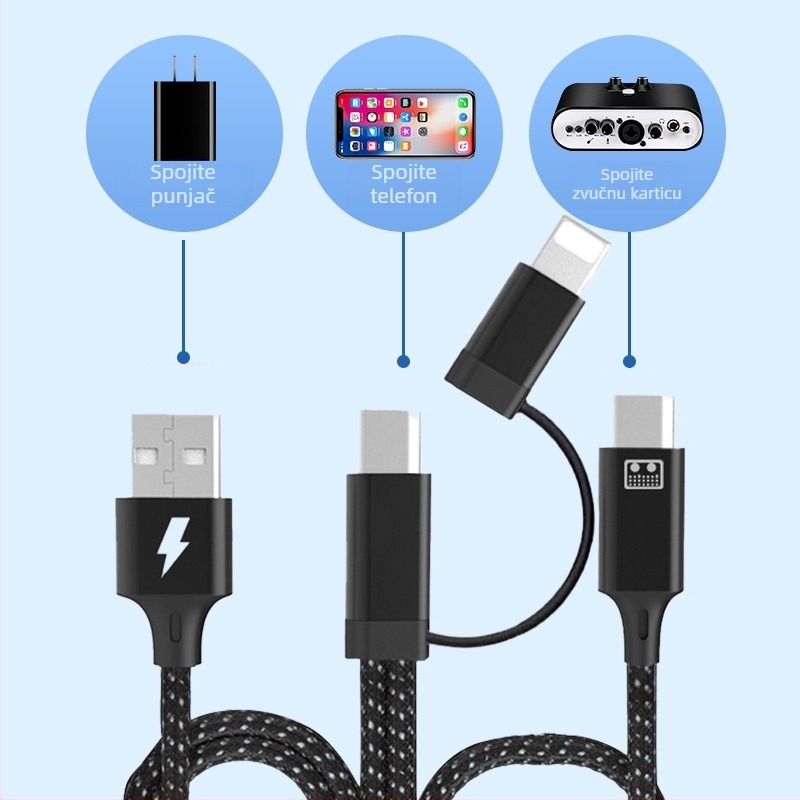 OTG adapter kabel za zvučnu kartu za prijenos uživo, dvostrani, sučelja Lightning/Type-C/USB-A, duljina 1,5 m + 1 m, OTG čip