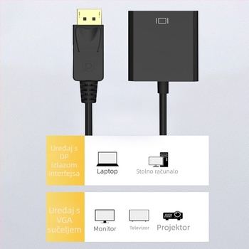 DP na VGA adapter kabel — muški na ženski priključak; VGA sučelje; visokoučinkovit čip; 1000 Mbps; duljina 23 cm