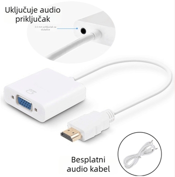 HDMI na VGA pretvarač sa zvukom, patch kabel s jednim krajem, HDMI ulaz na VGA izlaz, bakreno jezgro, duljina 0,15 m