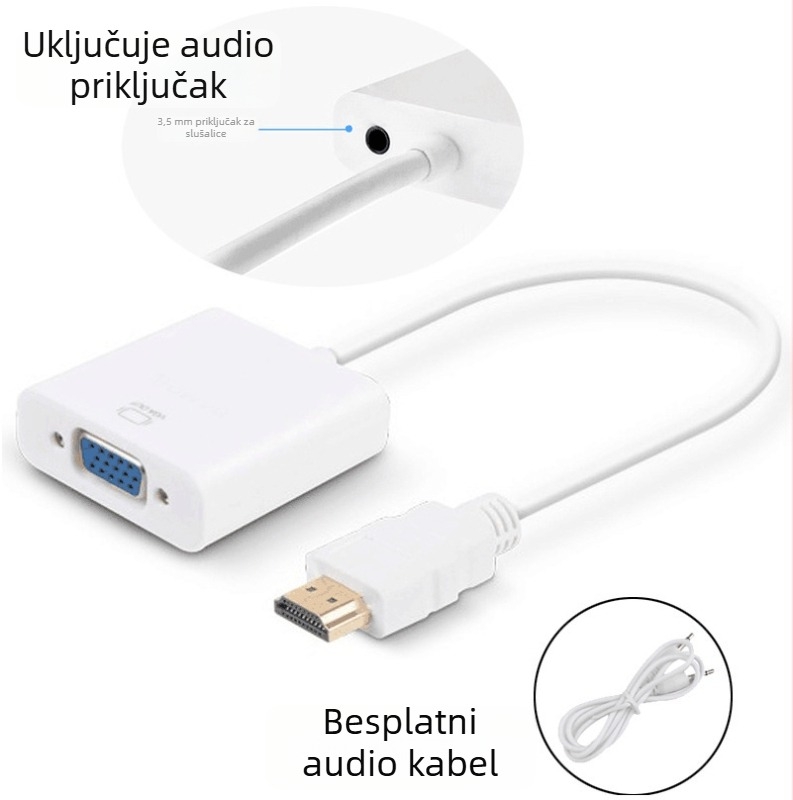 HDMI na VGA pretvarač sa zvukom, patch kabel s jednim krajem, HDMI ulaz na VGA izlaz, bakreno jezgro, duljina 0,15 m