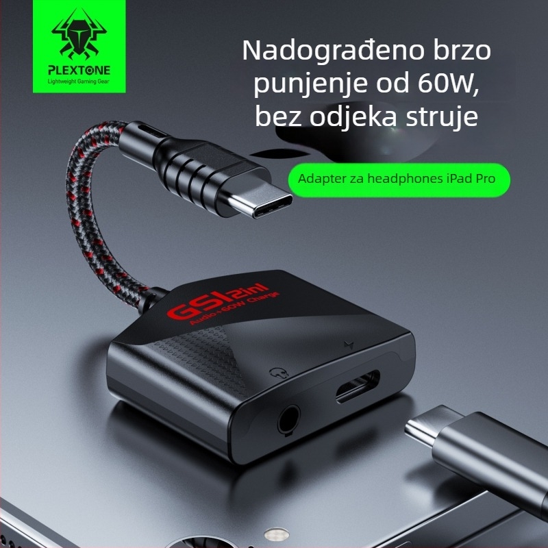 GS1 2-u-1 USB-C adapter zvučne kartice za mobitele i tablete, bakreno jezgro, kabel 10 cm, brzo punjenje