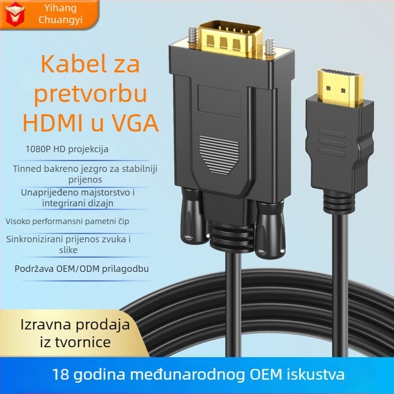 HDMI na VGA adapter kabel, s jednim konektorom, 1080P, visokokvalitetan čip, duljina 0,3-3 m
