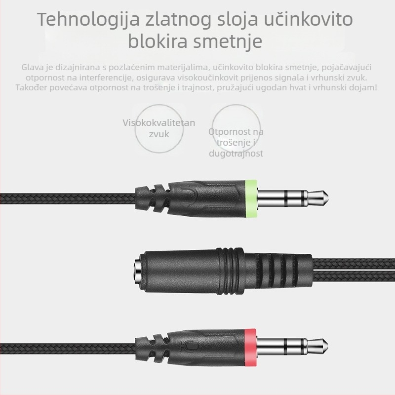Patch kabel, pleteni 3,5 mm, 2x muški i 1x ženski konektor, duljina 20 cm, srebrno obloženo jezgro
