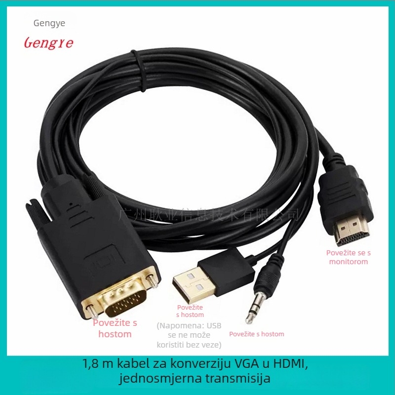 VGA na HDMI adapter kabel s 1080P zvukom, 8 Gbps, Ms9288c čip, duljina 1,8 m