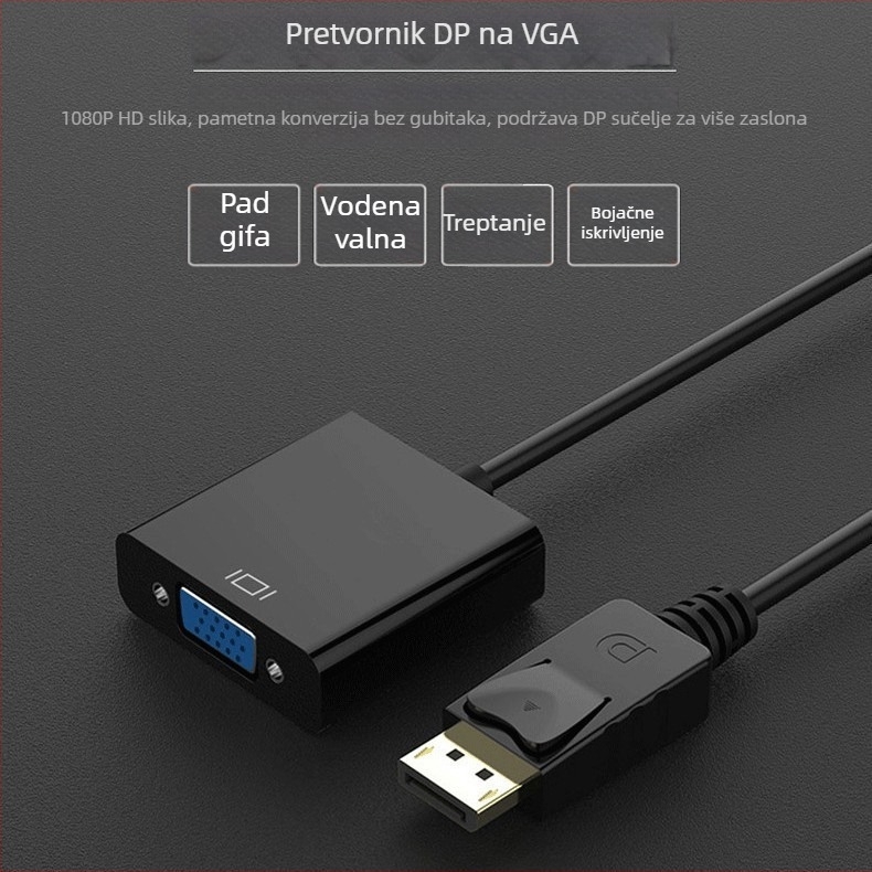 DP to VGA adapter kabel za prijenosna računala — podrška 1080p, duljina 20 cm, bakreno jezgro, visokokvalitetan čip