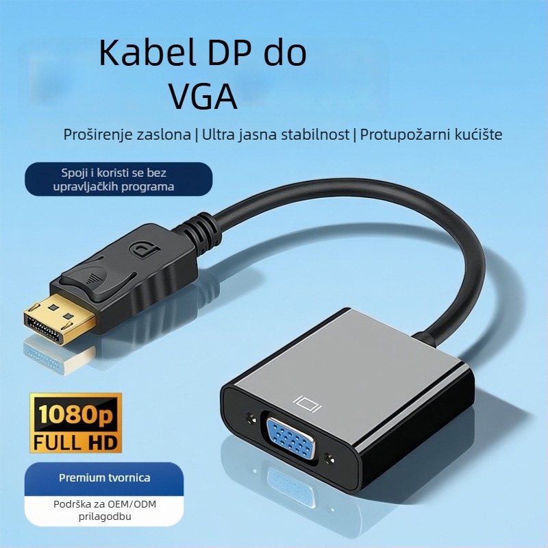 DP to VGA adapter kabel za prijenosna računala — podrška 1080p, duljina 20 cm, bakreno jezgro, visokokvalitetan čip