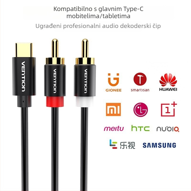 Weixun Type-C na 2RCA audio patch kabel, jedan na dva izlaza, bakreno jezgro, bez čipa