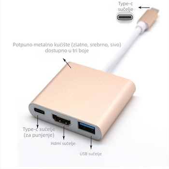Type-C na HDMI 4K adapter kabel, 3-u-1, HDMI USB docking stanica