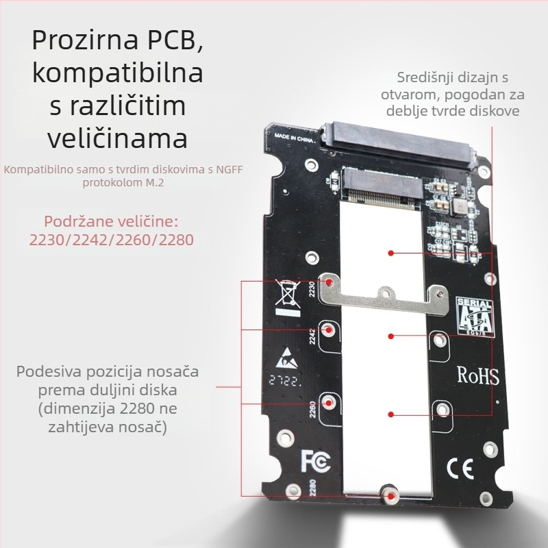 Kutija za tvrdi disk M.2 NGFF na 2,5 inča, SSD adapter B-Key, SATA III 6Gbps, model SN7