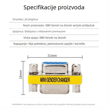 DB9 ženski–ženski RS232 adapter, 9‑pin serijski priključak, bakreno jezgro, OEM-kompatibilan