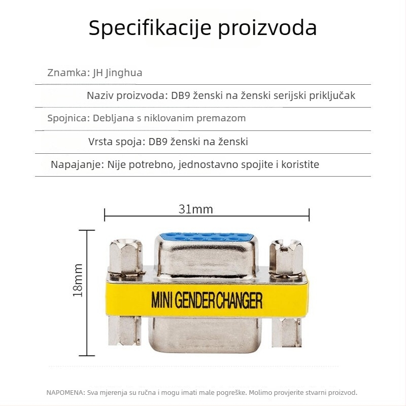 DB9 ženski–ženski RS232 adapter, 9‑pin serijski priključak, bakreno jezgro, OEM-kompatibilan