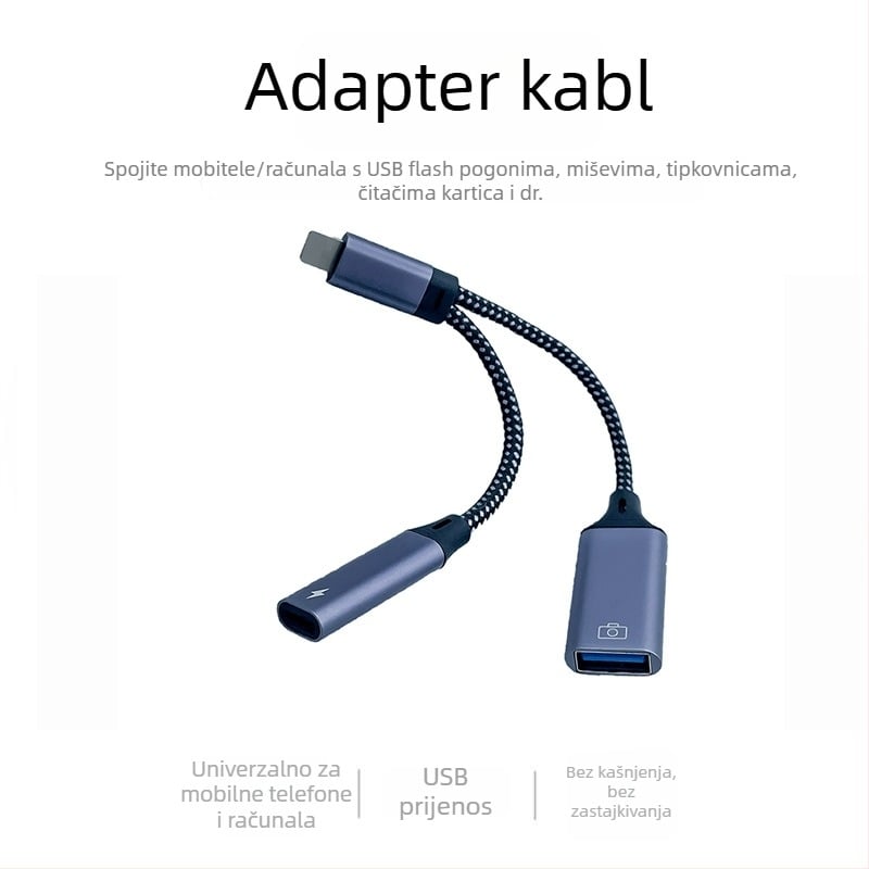 2-u-1 USB-C OTG adapter za iPhone, čitanje USB flash pogona, prijenos podataka i punjenje, USB 3.0 kabel