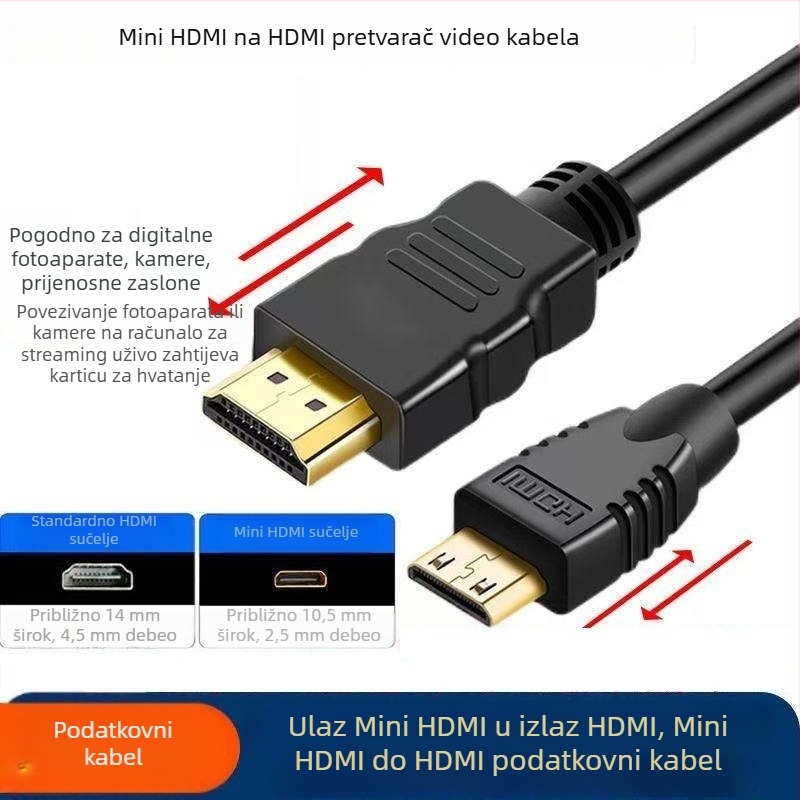 Mini HDMI na standardni HDMI kabel za monitor i TV, 4K, bakreno jezgro s pozlaćenim premazom, duljina 5 m, adapter kabel
