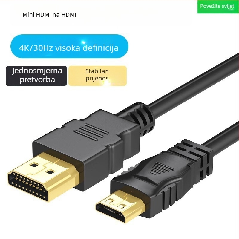 Mini HDMI na standardni HDMI kabel za monitor i TV, 4K, bakreno jezgro s pozlaćenim premazom, duljina 5 m, adapter kabel