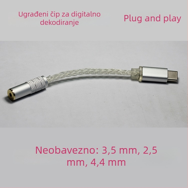 HiFi adapter kabel TYPE-C na 3,5 mm, digitalno dekodiranje, 8-žilni OCC bakar, s premazom srebra, proziran